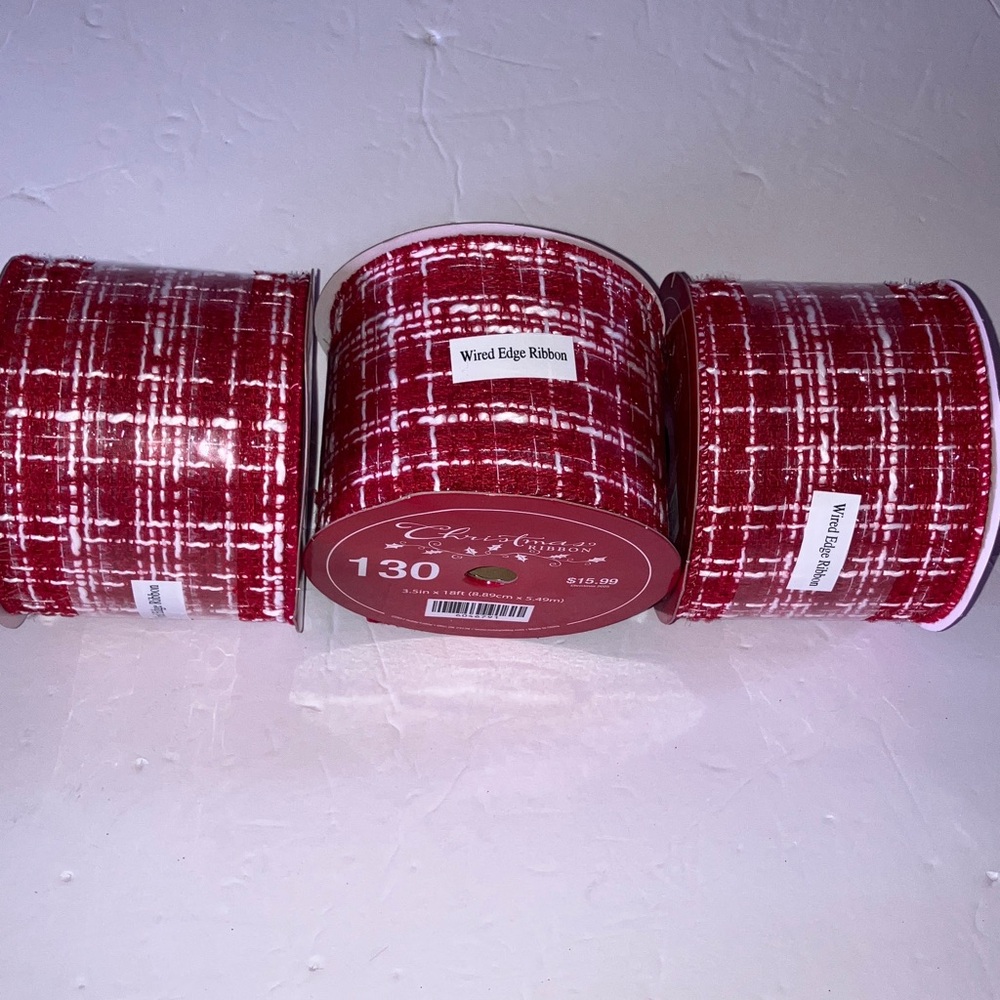 3‎ Rolls Red and White Woven Plaid Wired Edge Ribbon 3.5” wide X 18’ pet roll